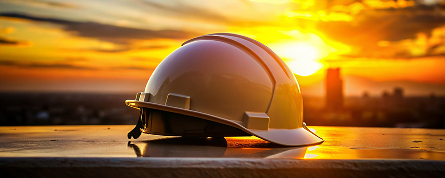 A yellow construction hard hat rests on a flat surface, with a city skyline and a vibrant sunset in the background—symbolizing the dedication of every concrete company Tampa relies on.
