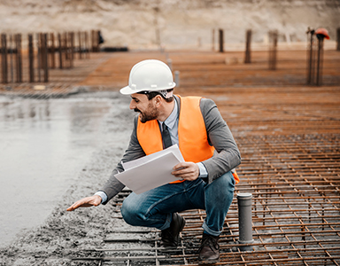 A construction worker wearing a white hard hat, orange safety vest, and holding papers crouches on a rebar grid at a construction site, inspecting the wet concrete surface during concrete pumping for a residential concrete company.