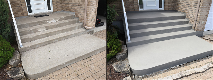 Side-by-side photos of concrete front steps: the left shows worn, chipped steps, while the right, after professional concrete service, displays freshly resurfaced and smooth steps with a clean, uniform appearance.