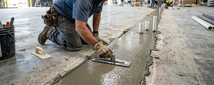 A construction worker in gloves and a blue shirt, from a residential concrete company, smooths wet concrete with a trowel on a large indoor floor, surrounded by tools and PVC pipes.