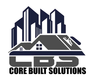 A logo featuring dark blue skyscrapers behind a gray house with windows and a chimney, representing a residential concrete company, with the letters LBS in bold, gray font below the buildings.