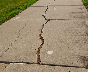A concrete sidewalk with large cracks running along its length. Some grass is visible on the left side, and white and orange markings are painted on the sidewalk near the cracks—a clear sign it may need concrete driveway repair.
