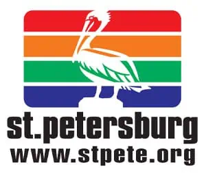 st-petersburg Logo with stripes in red, orange, green, and blue, featuring a white pelican silhouette. Below, bold black text reads st. petersburg and the website www.stpete.org—perfect for a residential concrete company or concrete service branding.