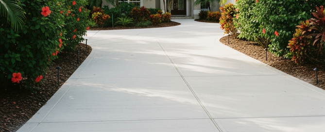 A wide, clean concrete driveway by a trusted residential concrete company curves toward a house, lined with lush green bushes, palm trees, and red flowering plants on both sides, creating a tropical, inviting entrance.