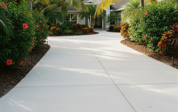 A wide, clean concrete driveway by a trusted residential concrete company curves toward a house, lined with lush green bushes, palm trees, and red flowering plants on both sides, creating a tropical, inviting entrance.