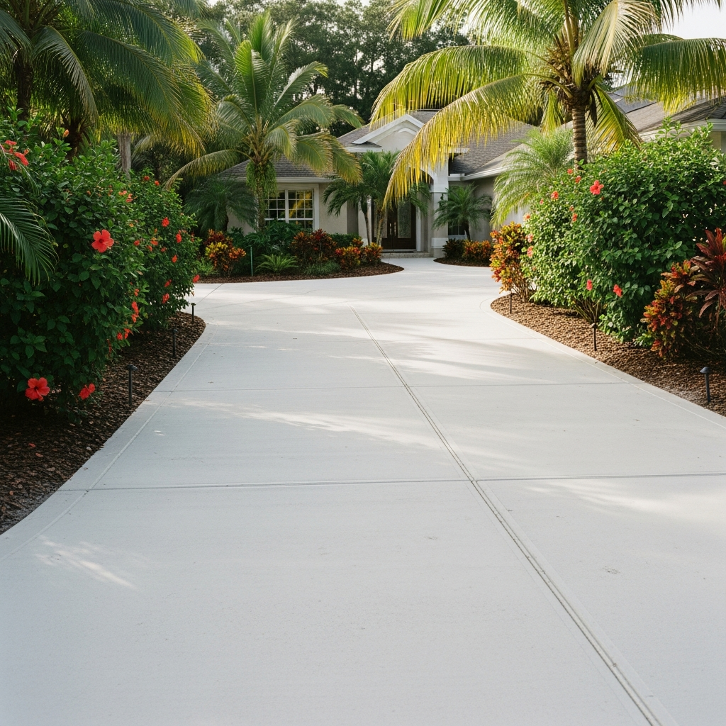 A wide, clean concrete driveway by a trusted residential concrete company curves toward a house, lined with lush green bushes, palm trees, and red flowering plants on both sides, creating a tropical, inviting entrance.