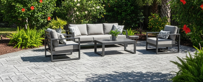 A modern outdoor patio with gray cushioned seating, a coffee table, and armchairs sits on a stamped concrete surface crafted by a top concrete company Tampa, surrounded by lush greenery, palm trees, ferns, and red hibiscus flowers.