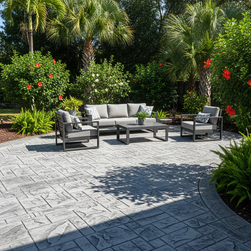 image A modern outdoor patio with gray cushioned seating, a coffee table, and armchairs sits on a stamped concrete surface crafted by a top concrete company Tampa, surrounded by lush greenery, palm trees, ferns, and red hibiscus flowers.