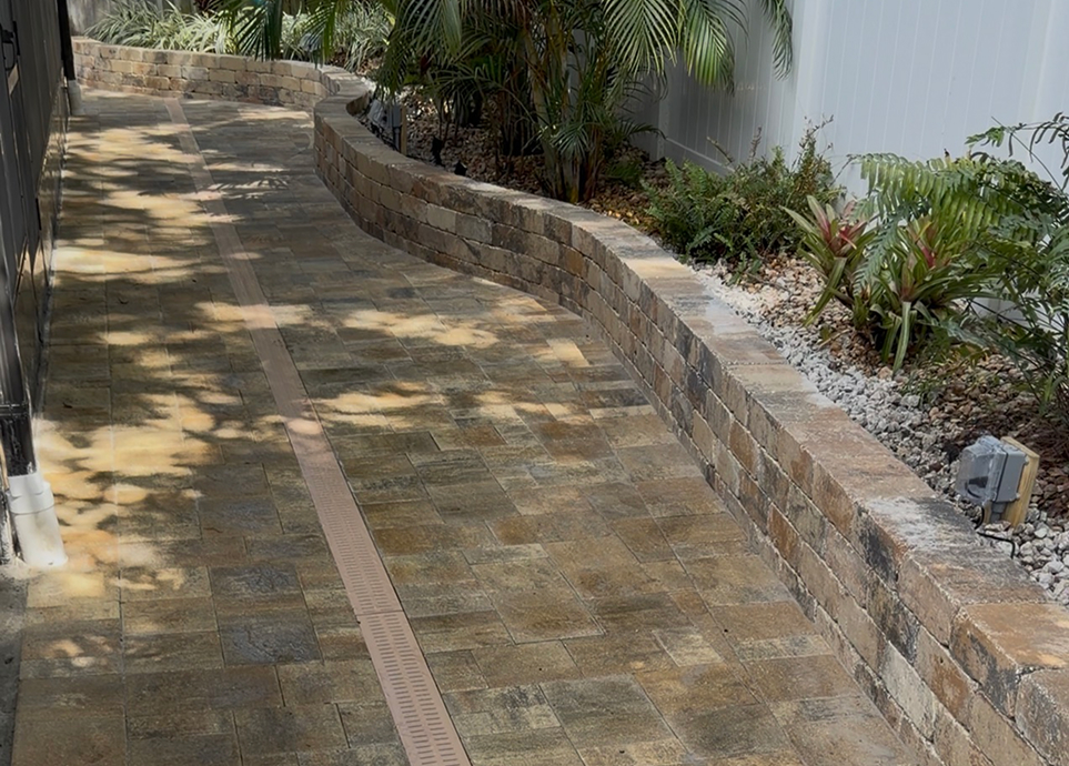 A paved walkway with a central drainage grate runs alongside a low, curved seat wall and landscaped greenery, including palm plants and decorative rocks. Sunlight casts dappled shadows across the path, showcasing expert hardscape contractor St. Petersburg work.