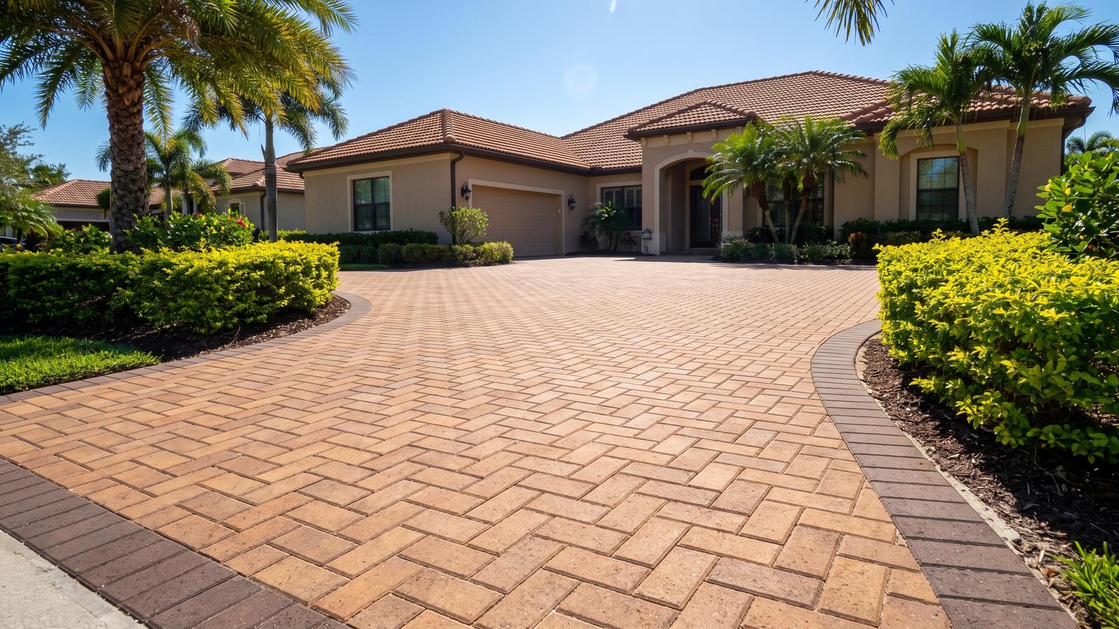 paver-driveway-cost-pinellas-county-hero Newly installed herringbone paver driveway at a Pinellas County home, the finish a paver driveway cost quote should buy