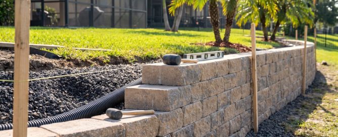 New block retaining wall installation in a Tampa Bay backyard with gravel backfill and drain pipe in place.