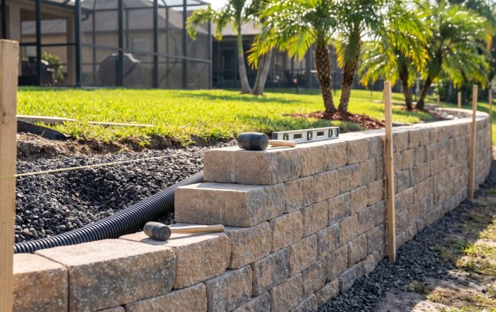 New block retaining wall installation in a Tampa Bay backyard with gravel backfill and drain pipe in place.