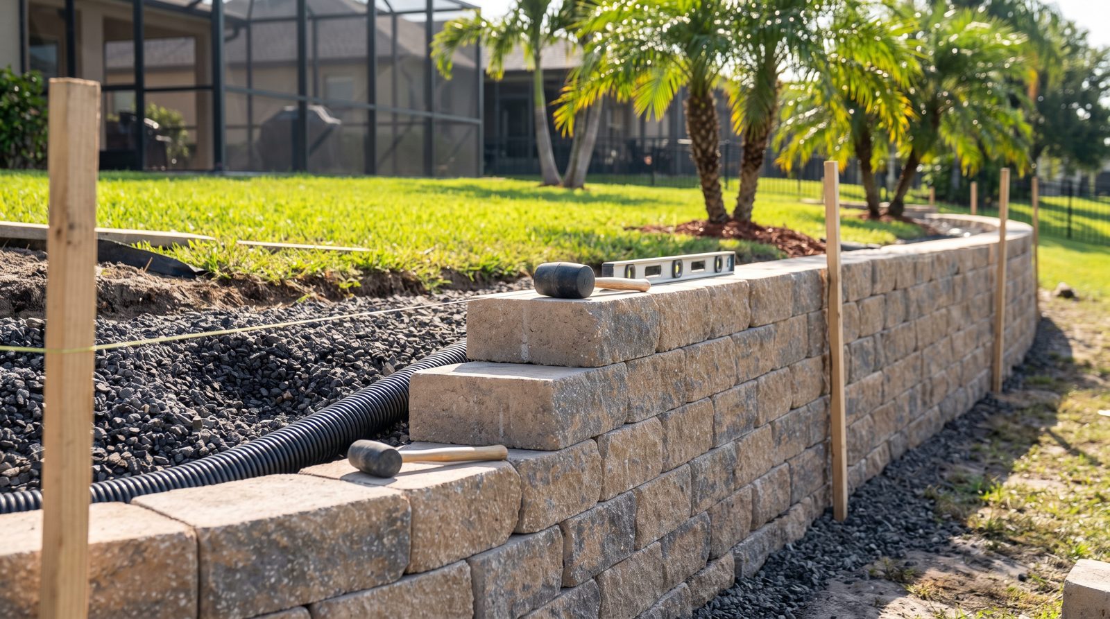 retaining-wall-installation-tampa-bay-hero-drainage New block retaining wall installation in a Tampa Bay backyard with gravel backfill and drain pipe in place.